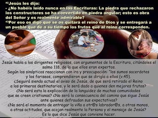 4422JJeessúúss lleess ddiijjoo:: 
-- ¿NNoo hhaabbééiiss lleeííddoo nnuunnccaa eenn llaass EEssccrriittuurraass:: LLaa ppiieeddrraa qquuee rreecchhaazzaarroonn 
llooss ccoonnssttrruuccttoorreess ssee hhaa ccoonnvveerrttiiddoo eenn ppiieeddrraa aanngguullaarr;; eessttoo eess oobbrraa 
ddeell SSeeññoorr yy eess rreeaallmmeennttee aaddmmiirraabbllee?? 
4433PPoorr eessoo ooss ddiiggoo qquuee ssee ooss qquuiittaarráá eell rreeiinnoo ddee DDiiooss yy ssee eennttrreeggaarráá aa 
uunn ppuueebblloo qquuee ddéé aa ssuu ttiieemmppoo llooss ffrruuttooss qquuee aall rreeiinnoo ccoorrrreessppoonnddeenn.. 
JJeessúúss hhaabbllaa aa llooss ddiirriiggeenntteess rreelliiggiioossooss,, ccoonn aarrgguummeennttooss ddee llaa EEssccrriittuurraa,, cciittáánnddoolleess eell 
ssaallmmoo 111188,, ddee llaa qquuee eellllooss eerraann eexxppeerrttooss.. 
SSeeggúúnn llooss ssiinnóóppttiiccooss rreeaacccciioonnaann ccoonn iirraa yy pprreeooccuuppaacciióónn:: ““llooss ssuummooss ssaacceerrddootteess 
yy llooss ffaarriisseeooss,, ccoommpprreennddiieerroonn qquuee ssee ddiirriiggííaa aa eellllooss ((vv..4455)).. 
¿SSeegguuiirráá ssiieennddoo aaccttuuaall eell aavviissoo ddee JJeessúúss,, ddee qquuee sseerráá rreettiirraaddoo eell RReeiinnoo 
aa llooss pprriimmeerrooss ddeessttiinnaattaarriiooss,, yy llee sseerráá ddaaddoo aa qquuiieenneess ddeenn mmeejjoorreess ffrruuttooss?? 
¿NNoo sseerráá eessttaa llaa eexxpplliiccaacciióónn ddee llaa llaanngguuiiddeezz ddee mmuucchhaass ccoommuunniiddaaddeess 
qquuee ssee ccrreeeenn ccrriissttiiaannaass?? ¿NNoo sseerráá llaa ccoonnsseeccuueenncciiaa ddeell ccaammiinnoo qquuee ssiigguuee JJeessúúss 
aannttee qquuiieenneess ddeeffrraauuddaann ssuuss eexxppeeccttaattiivvaass?? 
¿NNoo sseerráá eell mmoommeennttoo ddee eennttrreeggaarr llaa vviiññaa aa oottrr@@ss llaabbrraaddoorr@@ss,, aa oottrraass mmaannooss,, 
aa oottrraass aaccttiittuuddeess,, qquuee aaccoojjaann rreeaallmmeennttee llaa PPeerrssoonnaa yy eell mmeennssaajjee ddee JJeessúúss?? 
EEss lloo qquuee ddiiccee JJeessúúss qquuee ccoonnvviieennee hhaacceerr.. 
 
