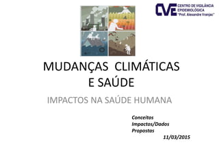 MUDANÇAS CLIMÁTICAS
E SAÚDE
IMPACTOS NA SAÚDE HUMANA
Conceitos
Impactos/Dados
Propostas
11/03/2015
 