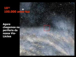 Agora chegamos na periferia da nossa Via-Láctea 10 21 100.000 anos-luz 