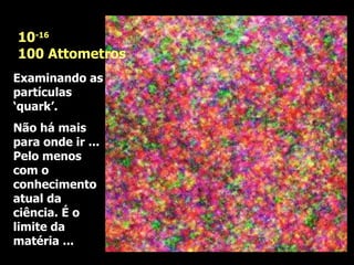 Examinando as partículas ‘quark’. Não há mais para onde ir ... Pelo menos com o conhecimento atual da ciência. É o limite da matéria ...  10 -16 100 Attometros 