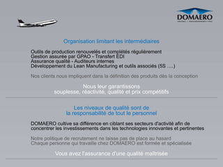 Organisation limitant les intermédiaires
Outils de production renouvelés et complétés régulièrement
Gestion assurée par GPAO - Transfert EDI
Assurance qualité - Auditeurs internes
Développement du Lean Manufacturing et outils associés (5S ….)

Nos clients nous impliquent dans la définition des produits dès la conception

                     Nous leur garantissons
          souplesse, réactivité, qualité et prix compétitifs

                    Les niveaux de qualité sont de
                la responsabilité de tout le personnel
DOMAERO cultive sa différence en ciblant ses secteurs d'activité afin de
concentrer les investissements dans les technologies innovantes et pertinentes

Notre politique de recrutement ne laisse pas de place au hasard
Chaque personne qui travaille chez DOMAERO est formée et spécialisée

           Vous avez l'assurance d'une qualité maîtrisée
 