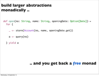 def open(no: String, name: String, openingDate: Option[Date]) =
for {
_ <- store(Account(no, name, openingDate.get))
a <- query(no)
} yield a
build larger abstractions
monadically ..
.. and you get back a free monad
Wednesday, 23 September 15
 