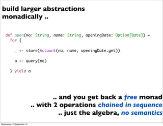 def open(no: String, name: String, openingDate: Option[Date]) =
for {
_ <- store(Account(no, name, openingDate.get))
a <- query(no)
} yield a
build larger abstractions
monadically ..
.. and you get back a free monad
.. with 2 operations chained in sequence
.. just the algebra, no semantics
Wednesday, 23 September 15
 