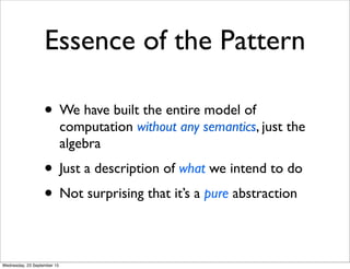 Essence of the Pattern
• We have built the entire model of
computation without any semantics, just the
algebra
• Just a description of what we intend to do
• Not surprising that it’s a pure abstraction
Wednesday, 23 September 15
 