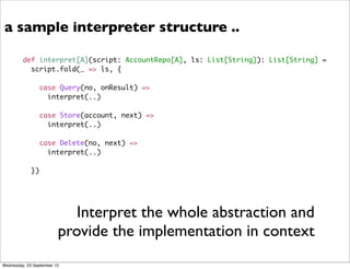 a sample interpreter structure ..
def interpret[A](script: AccountRepo[A], ls: List[String]): List[String] =
script.fold(_ => ls, {
case Query(no, onResult) =>
interpret(..)
case Store(account, next) =>
interpret(..)
case Delete(no, next) =>
interpret(..)
})
Interpret the whole abstraction and
provide the implementation in context
Wednesday, 23 September 15
 