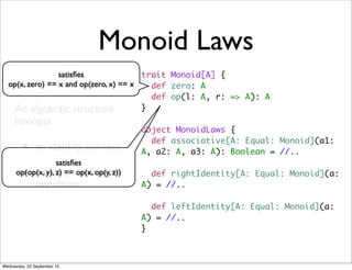 Monoid Laws
An algebraic structure
havingsa
• an identity element
• a binary associative
operation
satisﬁes
op(x, zero) == x and op(zero, x) == x
satisﬁes
op(op(x, y), z) == op(x, op(y, z))
trait Monoid[A] {
def zero: A
def op(l: A, r: => A): A
}
object MonoidLaws {
def associative[A: Equal: Monoid](a1:
A, a2: A, a3: A): Boolean = //..
def rightIdentity[A: Equal: Monoid](a:
A) = //..
def leftIdentity[A: Equal: Monoid](a:
A) = //..
}
Wednesday, 23 September 15
 