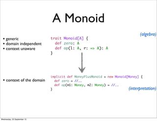 A Monoid
trait Monoid[A] {
def zero: A
def op(l: A, r: => A): A
}
• generic
• domain independent
• context unaware
implicit def MoneyPlusMonoid = new Monoid[Money] {
def zero = //..
def op(m1: Money, m2: Money) = //..
}
• context of the domain
(algebra)
(interpretation)
Wednesday, 23 September 15
 