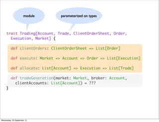trait Trading[Account, Trade, ClientOrderSheet, Order,
Execution, Market] {
def clientOrders: ClientOrderSheet => List[Order]
def execute: Market => Account => Order => List[Execution]
def allocate: List[Account] => Execution => List[Trade]
def tradeGeneration(market: Market, broker: Account,
clientAccounts: List[Account]) = ???
}
parameterized on typesmodule
Wednesday, 23 September 15
 