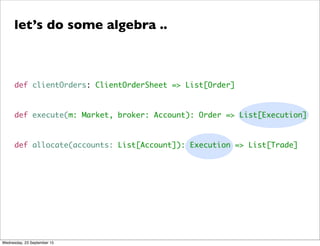 def clientOrders: ClientOrderSheet => List[Order]
def execute(m: Market, broker: Account): Order => List[Execution]
def allocate(accounts: List[Account]): Execution => List[Trade]
let’s do some algebra ..
Wednesday, 23 September 15
 