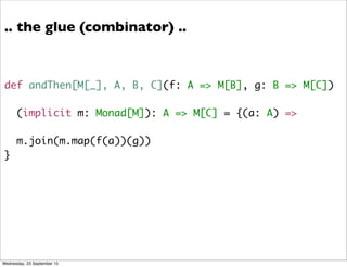 .. the glue (combinator) ..
def andThen[M[_], A, B, C](f: A => M[B], g: B => M[C])
(implicit m: Monad[M]): A => M[C] = {(a: A) =>
m.join(m.map(f(a))(g))
}
Wednesday, 23 September 15
 