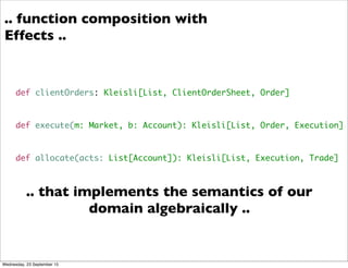 def clientOrders: Kleisli[List, ClientOrderSheet, Order]
def execute(m: Market, b: Account): Kleisli[List, Order, Execution]
def allocate(acts: List[Account]): Kleisli[List, Execution, Trade]
.. that implements the semantics of our
domain algebraically ..
.. function composition with
Effects ..
Wednesday, 23 September 15
 