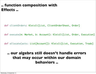 def clientOrders: Kleisli[List, ClientOrderSheet, Order]
def execute(m: Market, b: Account): Kleisli[List, Order, Execution]
def allocate(acts: List[Account]): Kleisli[List, Execution, Trade]
.. our algebra still doesn’t handle errors
that may occur within our domain
behaviors ..
.. function composition with
Effects ..
Wednesday, 23 September 15
 