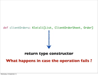 def clientOrders: Kleisli[List, ClientOrderSheet, Order]
return type constructor
What happens in case the operation fails ?
Wednesday, 23 September 15
 
