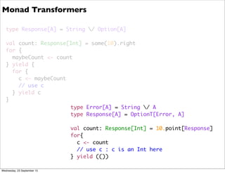 type Response[A] = String / Option[A]
val count: Response[Int] = some(10).right
for {
maybeCount <- count
} yield {
for {
c <- maybeCount
// use c
} yield c
}
type Error[A] = String / A
type Response[A] = OptionT[Error, A]
val count: Response[Int] = 10.point[Response]
for{
c <- count
// use c : c is an Int here
} yield (())
Monad Transformers
Wednesday, 23 September 15
 