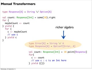 type Response[A] = String / Option[A]
val count: Response[Int] = some(10).right
for {
maybeCount <- count
} yield {
for {
c <- maybeCount
// use c
} yield c
}
type Error[A] = String / A
type Response[A] = OptionT[Error, A]
val count: Response[Int] = 10.point[Response]
for{
c <- count
// use c : c is an Int here
} yield (())
Monad Transformers
richer algebra
Wednesday, 23 September 15
 