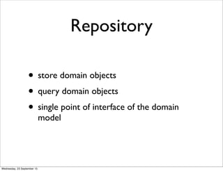 Repository
• store domain objects
• query domain objects
• single point of interface of the domain
model
Wednesday, 23 September 15
 