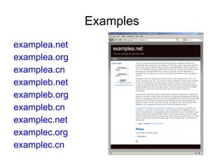 Examples <ul><li>examplea.net </li></ul><ul><li>examplea.org </li></ul><ul><li>examplea.cn </li></ul><ul><li>exampleb.net ...