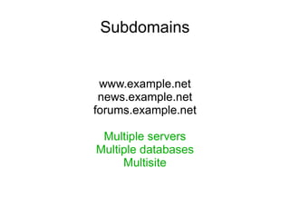 Subdomains www.example.net news.example.net forums.example.net Multiple servers Multiple databases Multisite 