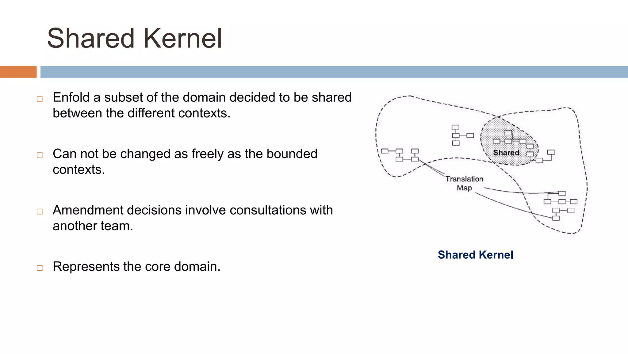 Shared Kernel


Enfold a subset of the domain decided to be shared
between the different contexts.



Can not be changed as freely as the bounded
contexts.



Amendment decisions involve consultations with
another team.
Shared Kernel



Represents the core domain.

 