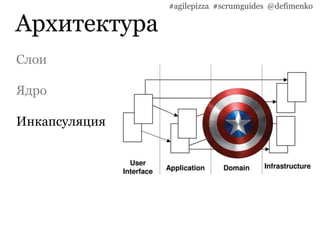 Архитектура
#agilepizza #scrumguides @defimenko
Слои
Ядро
Инкапсуляция
 