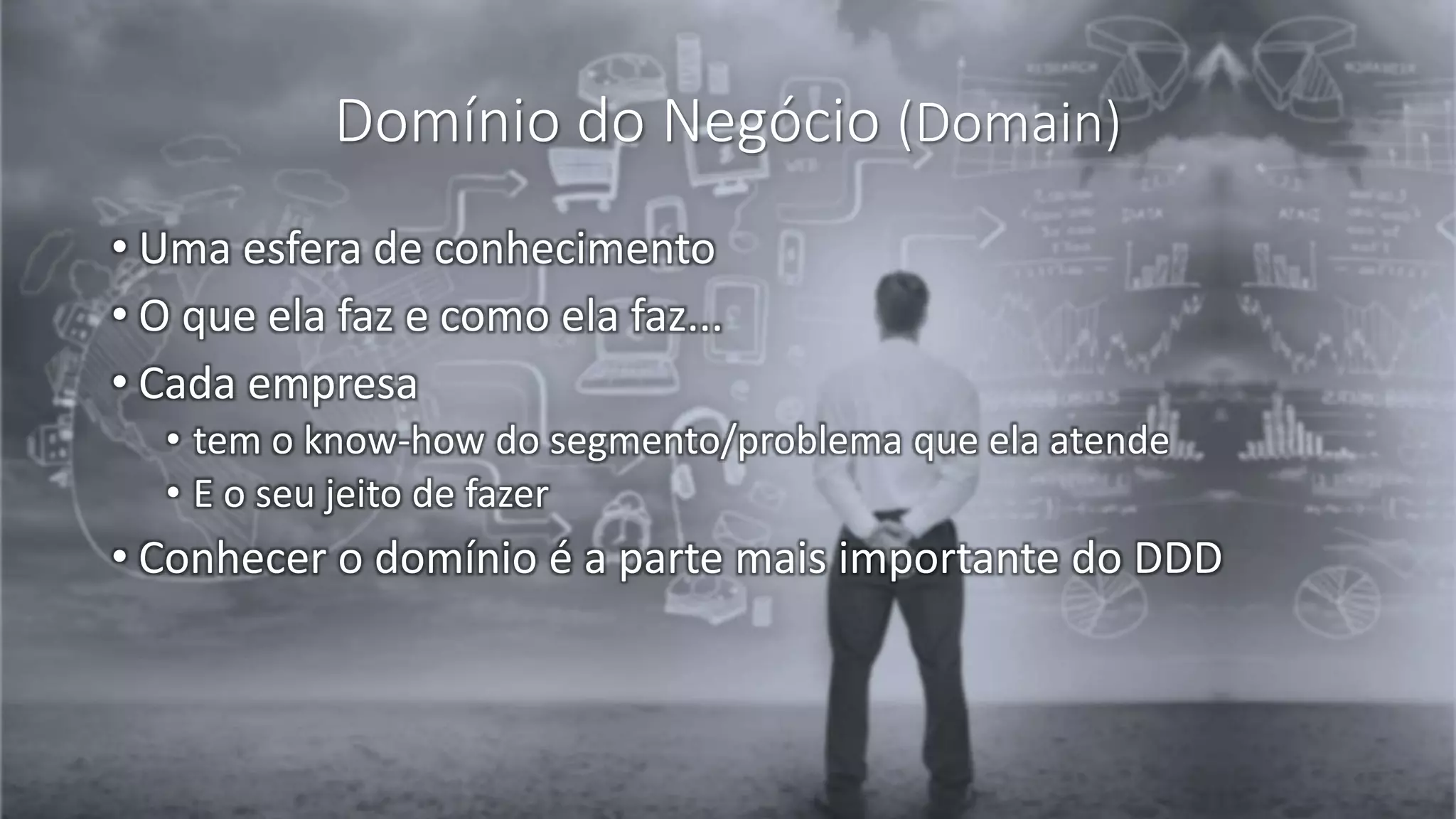 Domínio do Negócio (Domain)
• Uma esfera de conhecimento
• O que ela faz e como ela faz...
• Cada empresa
• tem o know-how do segmento/problema que ela atende
• E o seu jeito de fazer
• Conhecer o domínio é a parte mais importante do DDD
 