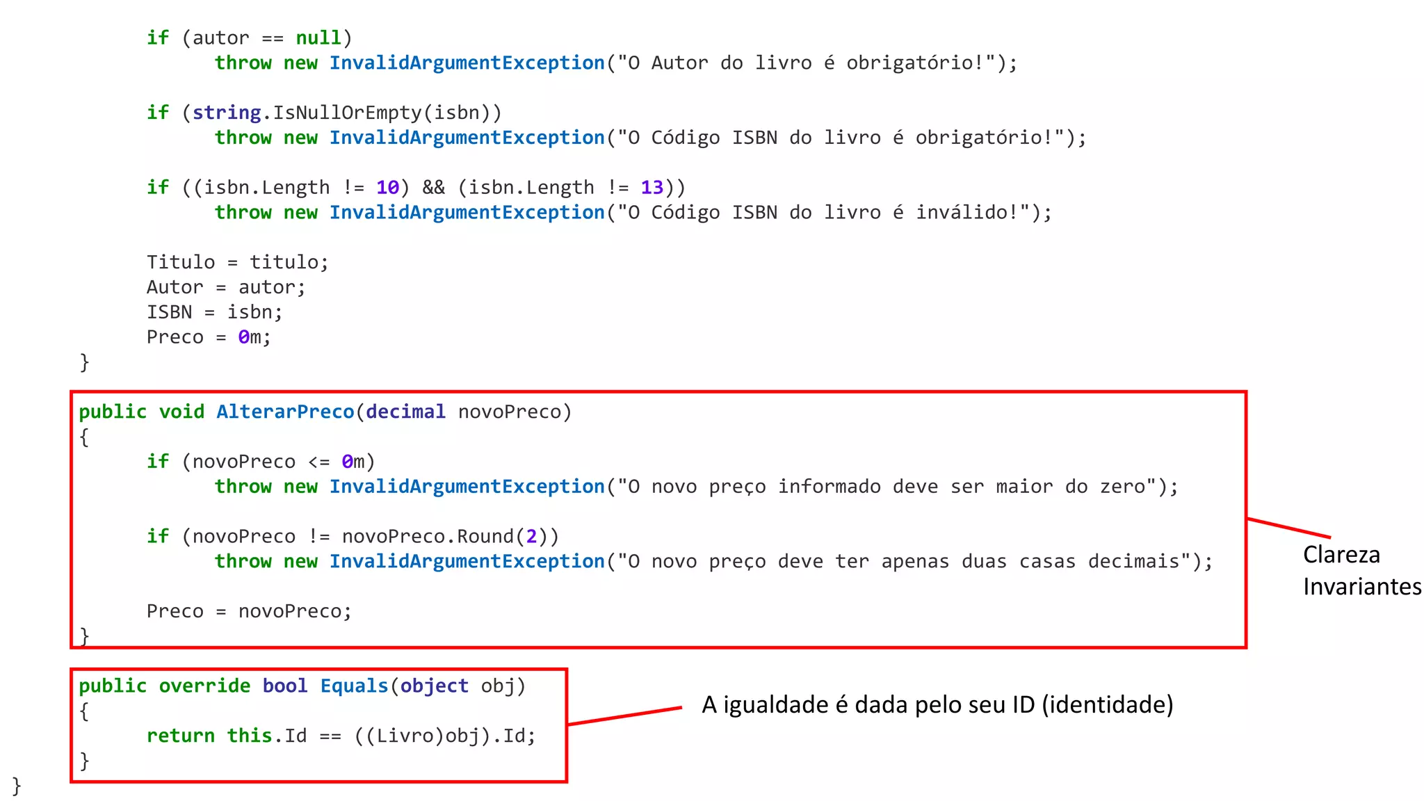 if (autor == null)
throw new InvalidArgumentException("O Autor do livro é obrigatório!");
if (string.IsNullOrEmpty(isbn))
throw new InvalidArgumentException("O Código ISBN do livro é obrigatório!");
if ((isbn.Length != 10) && (isbn.Length != 13))
throw new InvalidArgumentException("O Código ISBN do livro é inválido!");
Titulo = titulo;
Autor = autor;
ISBN = isbn;
Preco = 0m;
}
public void AlterarPreco(decimal novoPreco)
{
if (novoPreco <= 0m)
throw new InvalidArgumentException("O novo preço informado deve ser maior do zero");
if (novoPreco != novoPreco.Round(2))
throw new InvalidArgumentException("O novo preço deve ter apenas duas casas decimais");
Preco = novoPreco;
}
public override bool Equals(object obj)
{
return this.Id == ((Livro)obj).Id;
}
}
A igualdade é dada pelo seu ID (identidade)
Clareza
Invariantes
 
