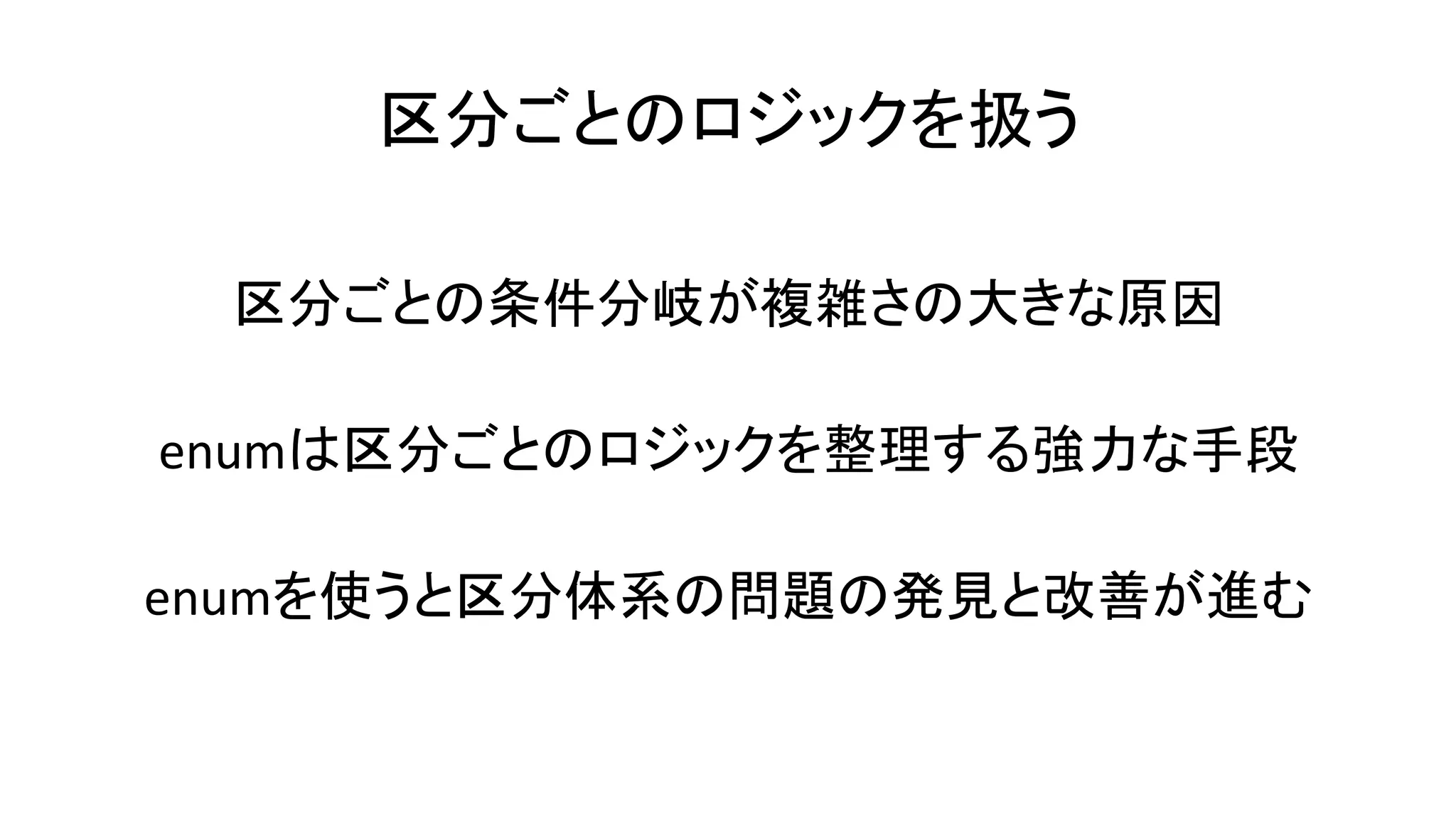 区分ごとのロジックを扱う
区分ごとの条件分岐が複雑さの大きな原因
enumは区分ごとのロジックを整理する強力な手段
enumを使うと区分体系の問題の発見と改善が進む
 