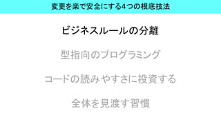 ビジネスルールの分離
型指向のプログラミング
コードの読みやすさに投資する
全体を見渡す習慣
変更を楽で安全にする４つの根底技法
 