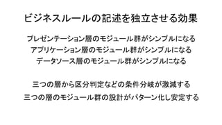 ビジネスルールの記述を独立させる効果
プレゼンテーション層のモジュール群がシンプルになる
アプリケーション層のモジュール群がシンプルになる
データソース層のモジュール群がシンプルになる
三つの層から区分判定などの条件分岐が激減する
三つの層のモジュール群の設計がパターン化し安定する
 