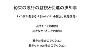 約束の履行の監視と促進の決め事
いつ何が起きるべきか（イベント区分、状態区分）
起きたことの検知
起きなかったことの検知
起きた場合のアクション
起きなかった場合のアクション
 