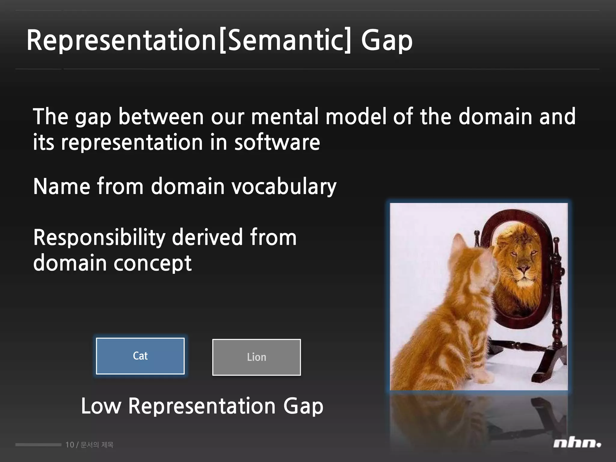 10 / 문서의 제목
Representation[Semantic] Gap
The gap between our mental model of the domain and
its representation in software
Low Representation Gap
Name from domain vocabulary
Responsibility derived from
domain concept
LionCat
 