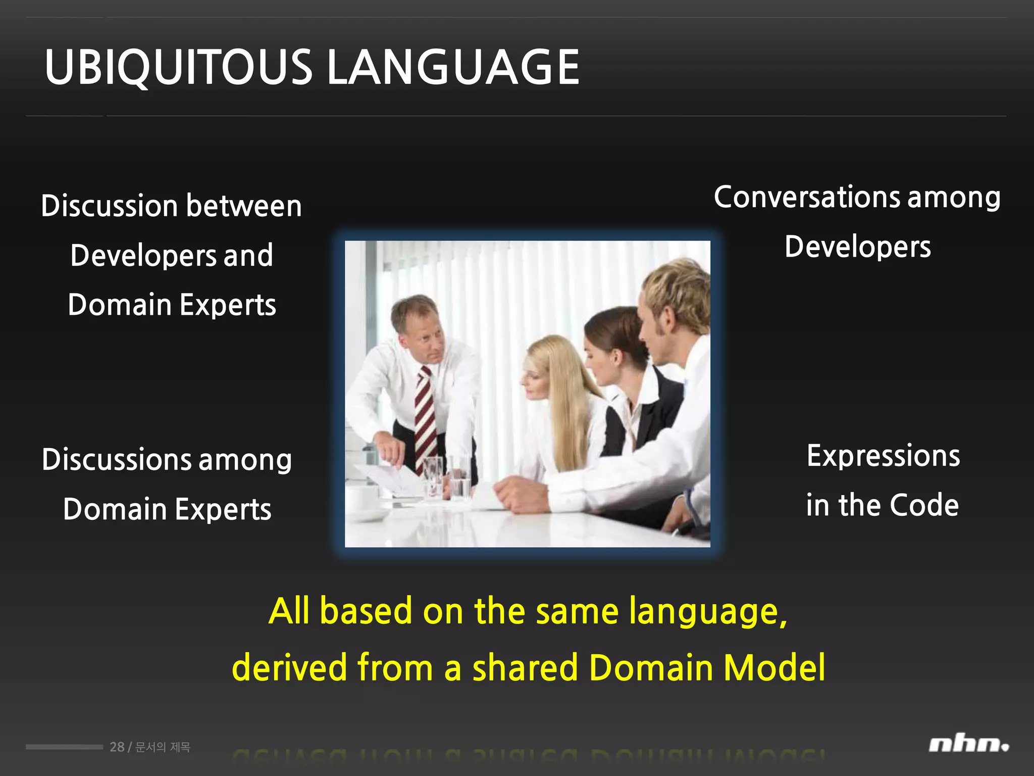 28 / 문서의 제목
UBIQUITOUS LANGUAGE
Conversations among
Developers
Discussions among
Domain Experts
Expressions
in the Code
Discussion between
Developers and
Domain Experts
All based on the same language,
derived from a shared Domain Model
 