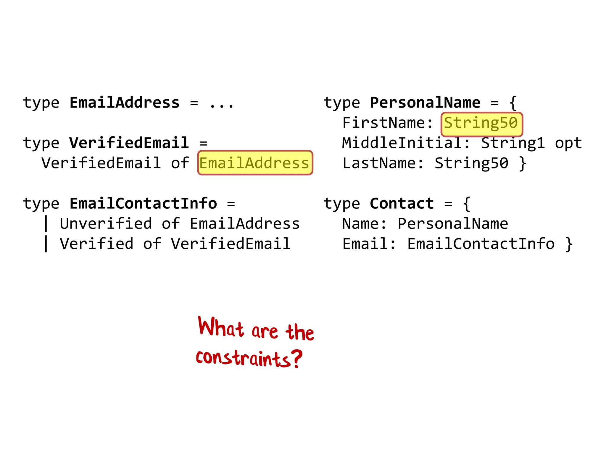 type PersonalName = {
FirstName: String50
MiddleInitial: String1 opt
LastName: String50 }
type Contact = {
Name: PersonalName
Email: EmailContactInfo }
type EmailAddress = ...
type VerifiedEmail =
VerifiedEmail of EmailAddress
type EmailContactInfo =
| Unverified of EmailAddress
| Verified of VerifiedEmail
 