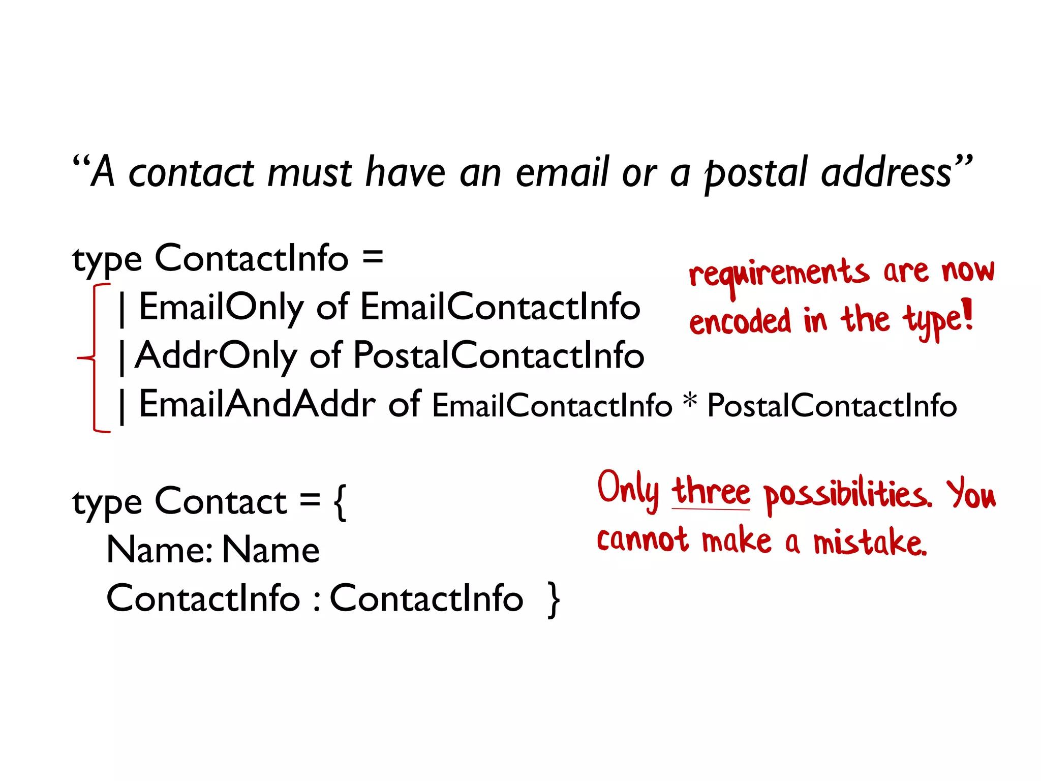 type ContactInfo =
| EmailOnly of EmailContactInfo
| AddrOnly of PostalContactInfo
| EmailAndAddr of EmailContactInfo * PostalContactInfo
type Contact = {
Name: Name
ContactInfo : ContactInfo }
“A contact must have an email or a postal address”
 