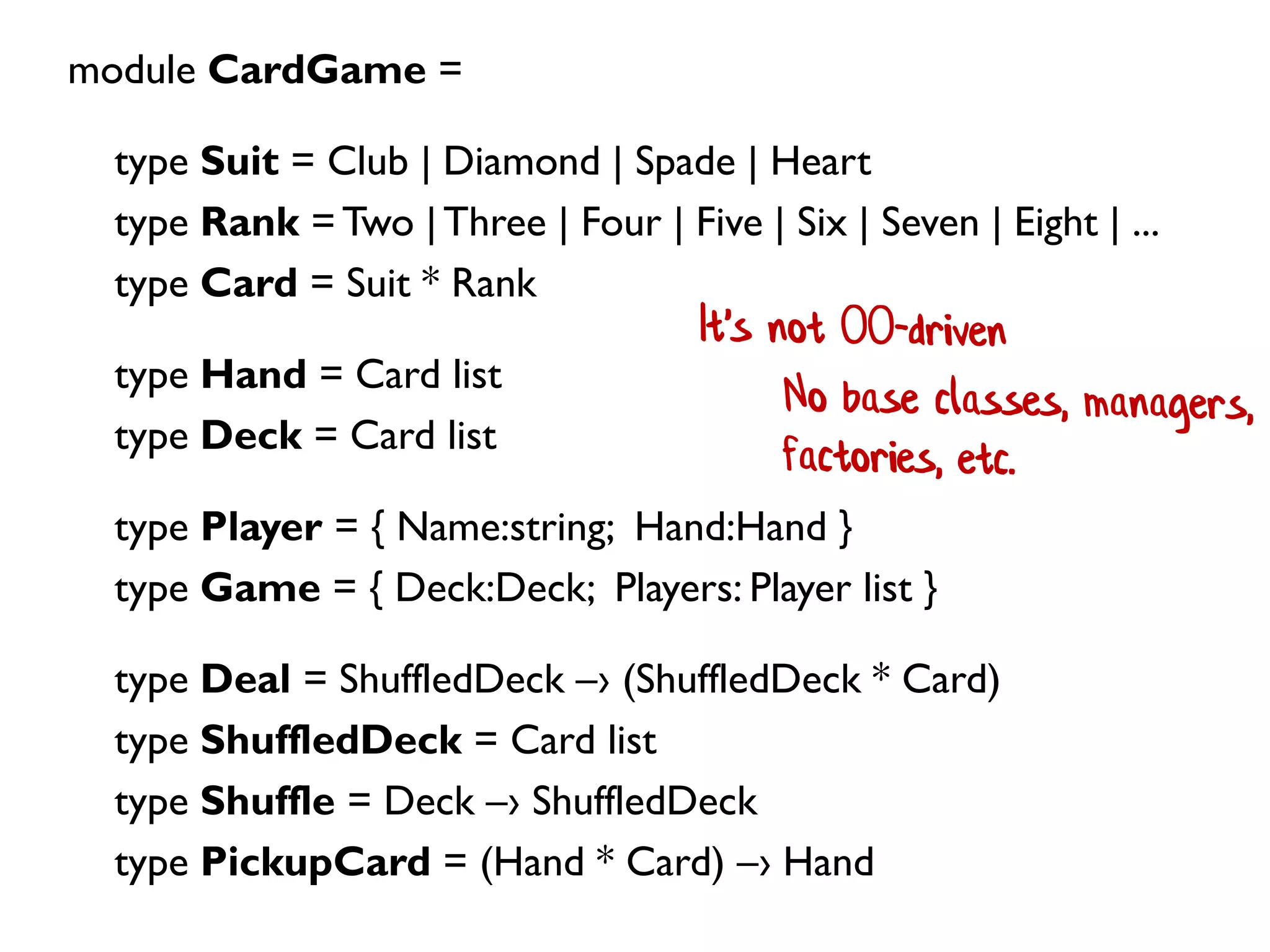 module CardGame =
type Suit = Club | Diamond | Spade | Heart
type Rank = Two |Three | Four | Five | Six | Seven | Eight | ...
type Card = Suit * Rank
type Hand = Card list
type Deck = Card list
type Player = { Name:string; Hand:Hand }
type Game = { Deck:Deck; Players: Player list }
type Deal = ShuffledDeck –› (ShuffledDeck * Card)
type ShuffledDeck = Card list
type Shuffle = Deck –› ShuffledDeck
type PickupCard = (Hand * Card) –› Hand
 