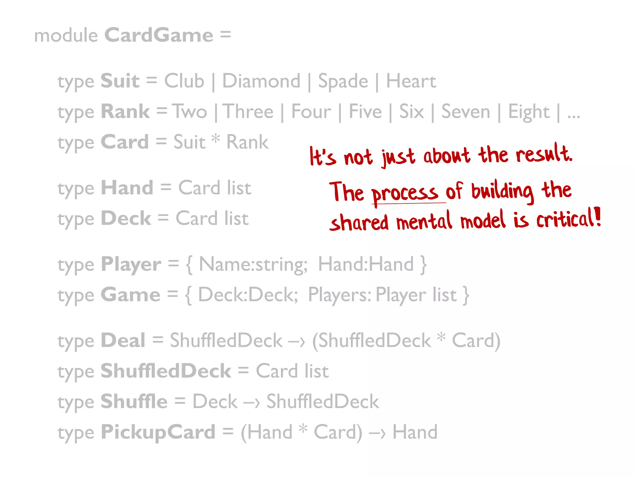 module CardGame =
type Suit = Club | Diamond | Spade | Heart
type Rank = Two |Three | Four | Five | Six | Seven | Eight | ...
type Card = Suit * Rank
type Hand = Card list
type Deck = Card list
type Player = { Name:string; Hand:Hand }
type Game = { Deck:Deck; Players: Player list }
type Deal = ShuffledDeck –› (ShuffledDeck * Card)
type ShuffledDeck = Card list
type Shuffle = Deck –› ShuffledDeck
type PickupCard = (Hand * Card) –› Hand
 