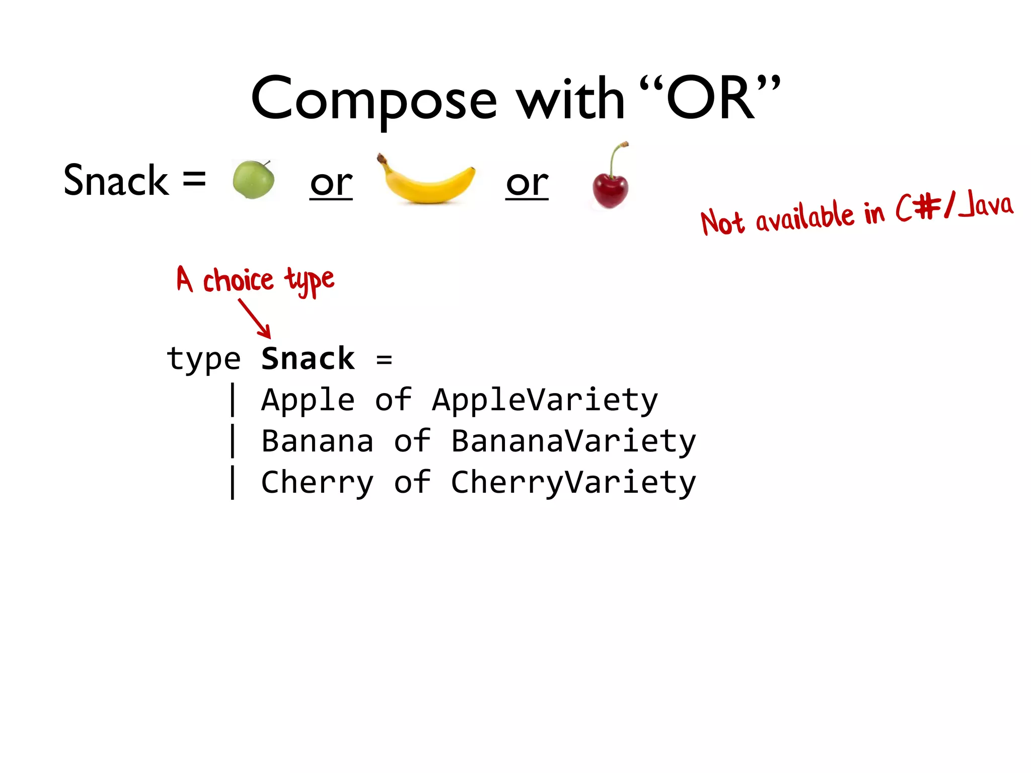 Snack = or or
Compose with “OR”
type Snack =
| Apple of AppleVariety
| Banana of BananaVariety
| Cherry of CherryVariety
 