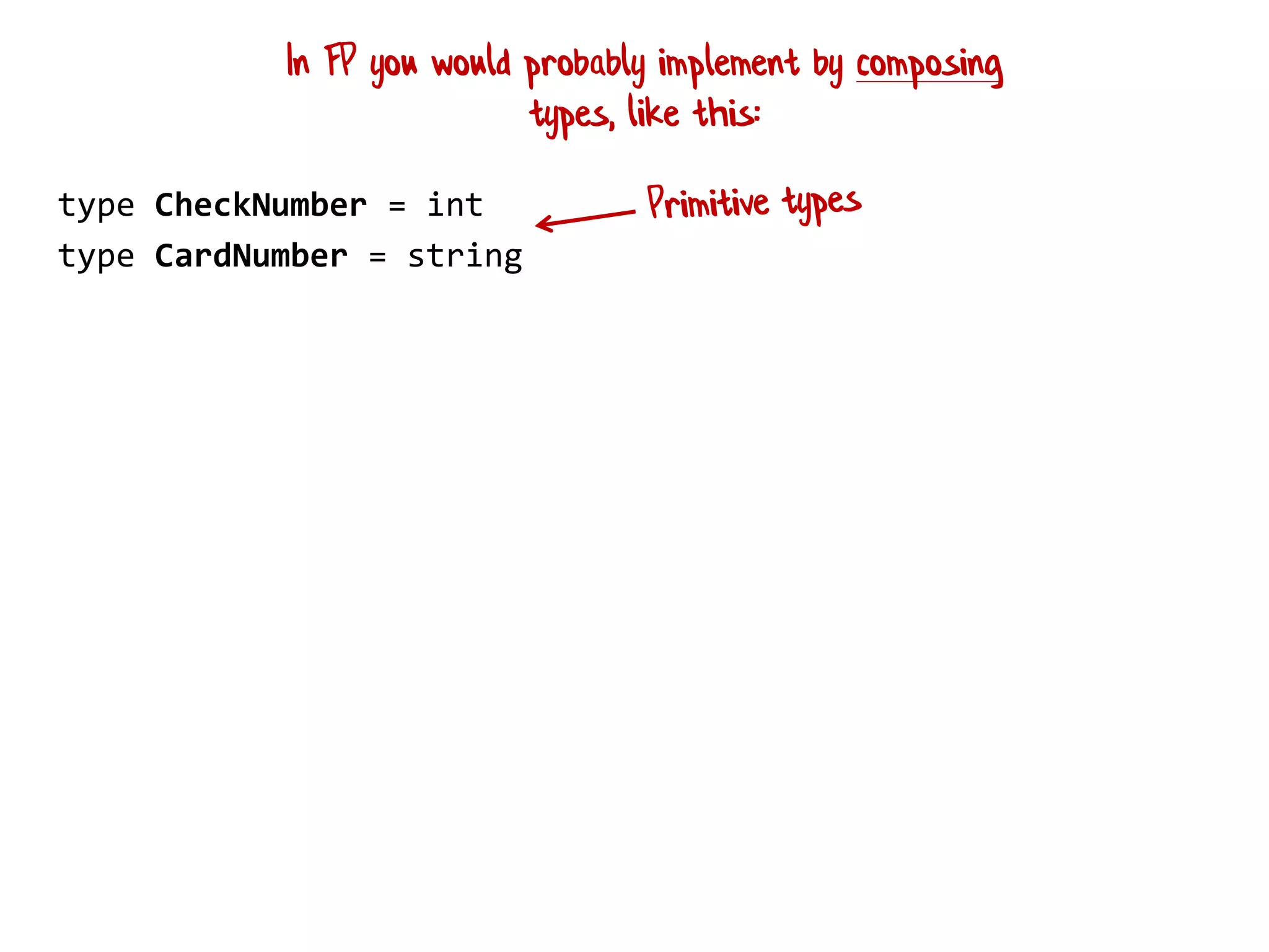 type CheckNumber = int
type CardNumber = string
In FP you would probably implement by composing
types, like this:
 