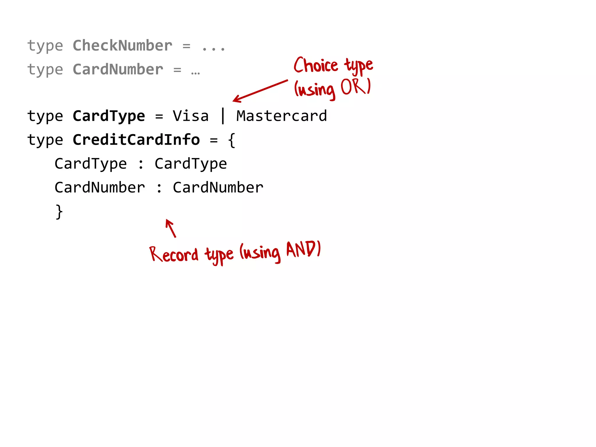 type CheckNumber = ...
type CardNumber = …
type CardType = Visa | Mastercard
type CreditCardInfo = {
CardType : CardType
CardNumber : CardNumber
}
 