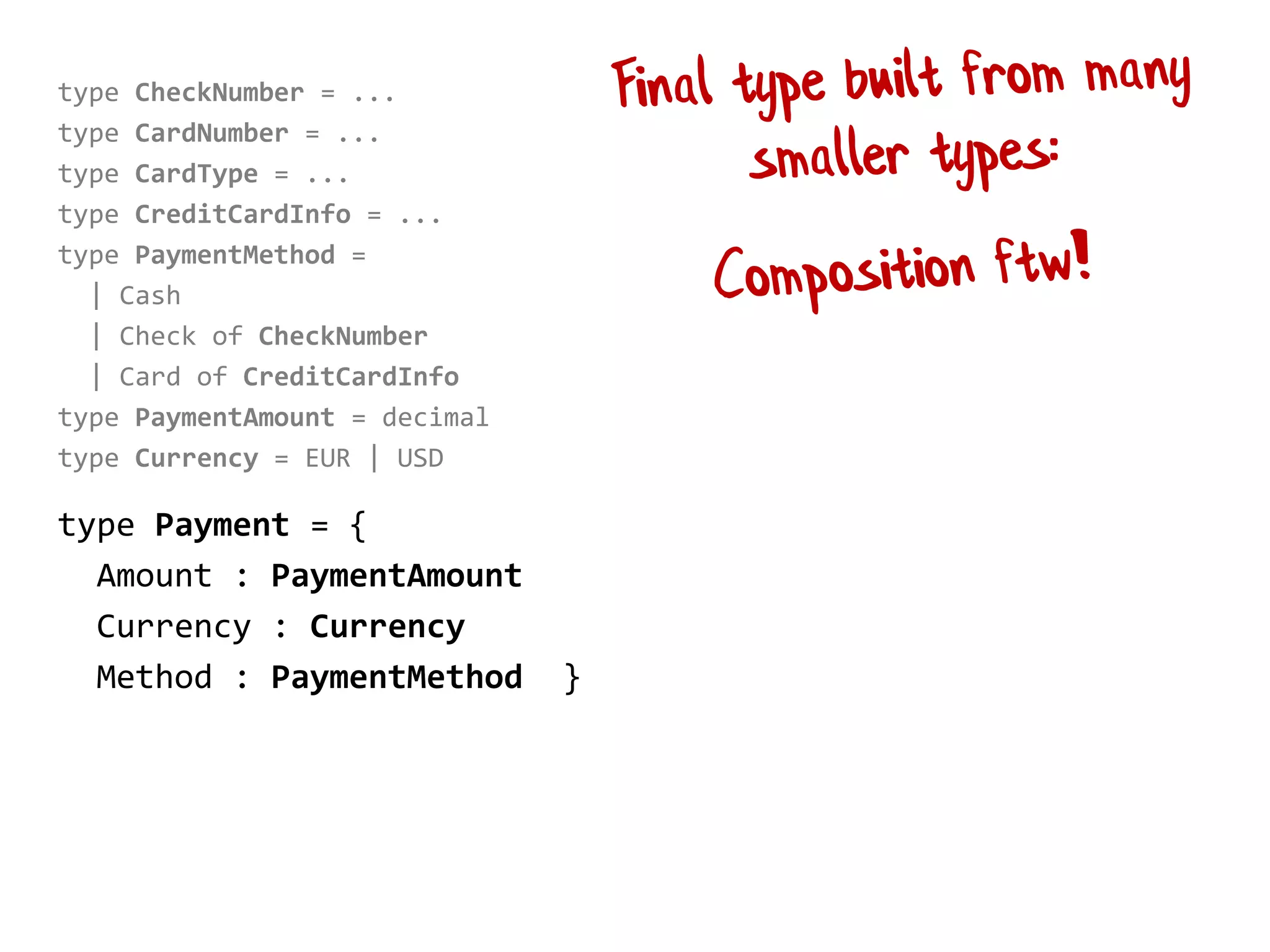 type CheckNumber = ...
type CardNumber = ...
type CardType = ...
type CreditCardInfo = ...
type PaymentMethod =
| Cash
| Check of CheckNumber
| Card of CreditCardInfo
type PaymentAmount = decimal
type Currency = EUR | USD
type Payment = {
Amount : PaymentAmount
Currency : Currency
Method : PaymentMethod }
 