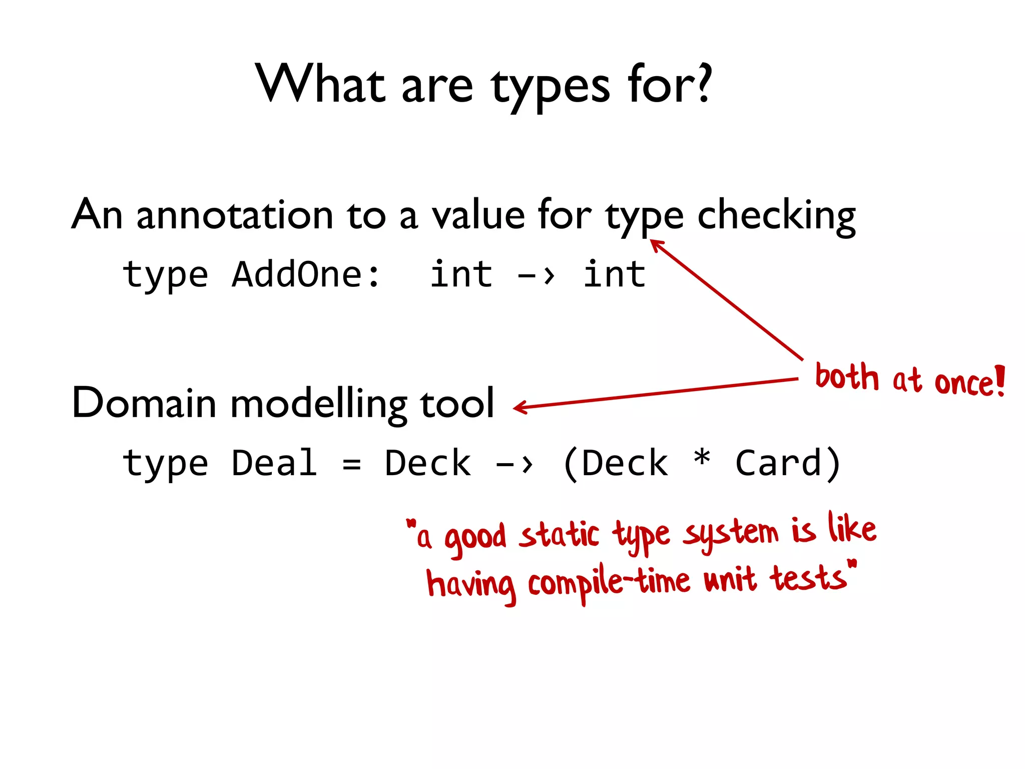 What are types for?
An annotation to a value for type checking
type AddOne: int –› int
Domain modelling tool
type Deal = Deck –› (Deck * Card)
 