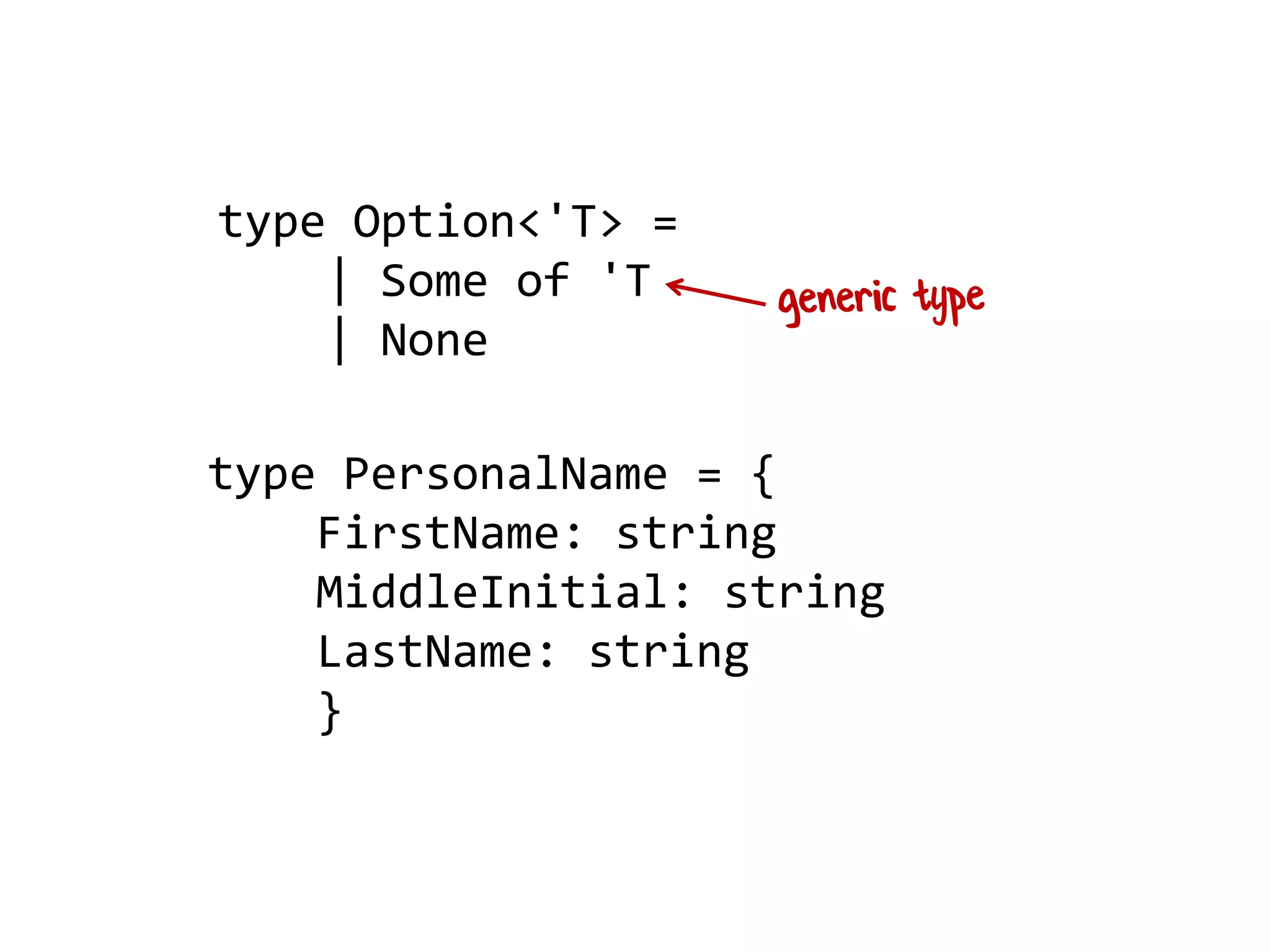 type PersonalName = {
FirstName: string
MiddleInitial: string
LastName: string
}
type Option<'T> =
| Some of 'T
| None
 