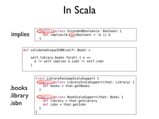 In Scala
def validateUniqueISBN(self: Book) =
self.library.books forall { e =>
e != self implies e.isbn != self.isbn
}
tra...