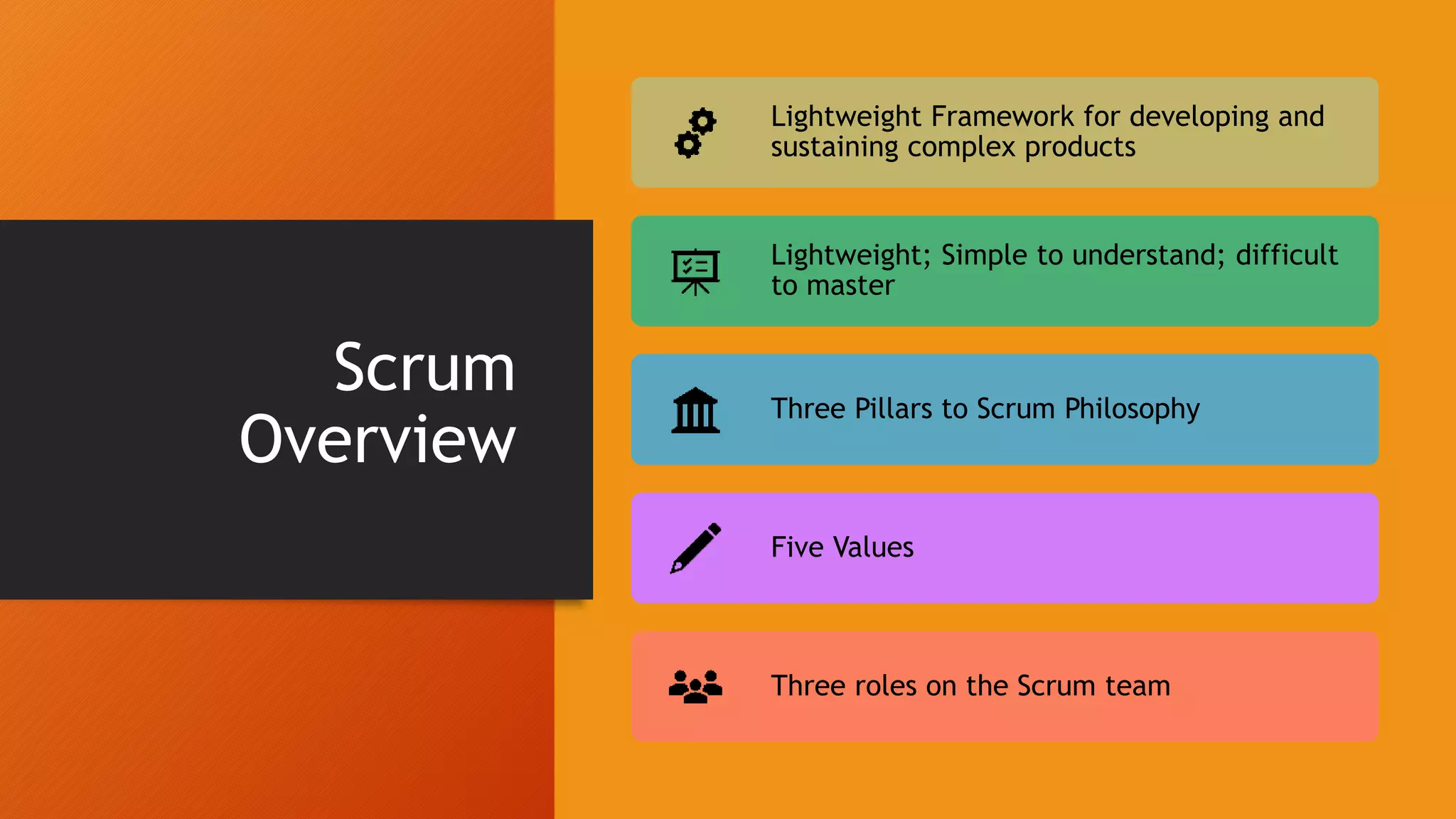 Scrum
Overview
Lightweight Framework for developing and
sustaining complex products
Lightweight; Simple to understand; difficult
to master
Three Pillars to Scrum Philosophy
Five Values
Three roles on the Scrum team
 
