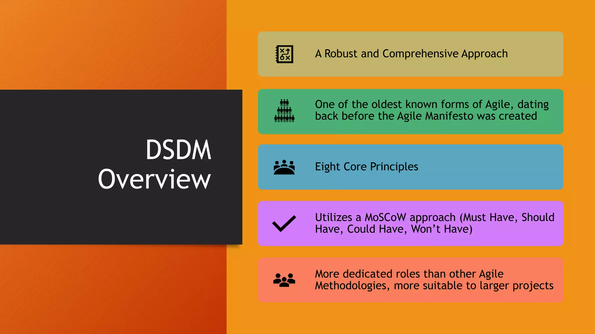 DSDM
Overview
A Robust and Comprehensive Approach
One of the oldest known forms of Agile, dating
back before the Agile Manifesto was created
Eight Core Principles
Utilizes a MoSCoW approach (Must Have, Should
Have, Could Have, Won’t Have)
More dedicated roles than other Agile
Methodologies, more suitable to larger projects
 