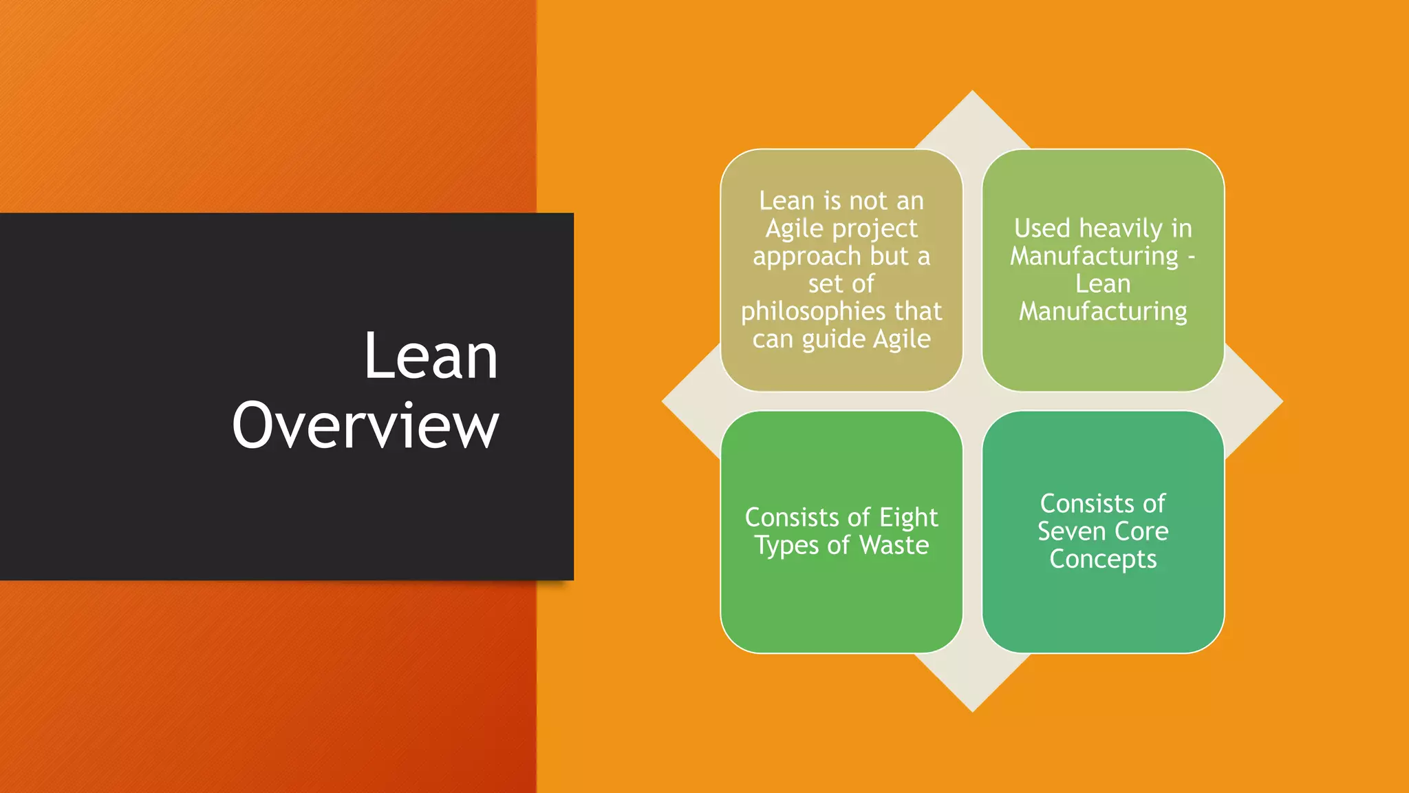 Lean
Overview
Lean is not an
Agile project
approach but a
set of
philosophies that
can guide Agile
Used heavily in
Manufacturing -
Lean
Manufacturing
Consists of Eight
Types of Waste
Consists of
Seven Core
Concepts
 