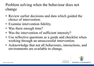 Problem solving when the behaviour does not change Review earlier decisions and data which guided the choice of intervention. Examine intervention fidelity. Was there enough time? Was the intervention of sufficient intensity? Use reflective questions as a guide and checklist when working through an unsuccessful intervention. Acknowledge that not all behaviours, interactions, and environments are available to change. 