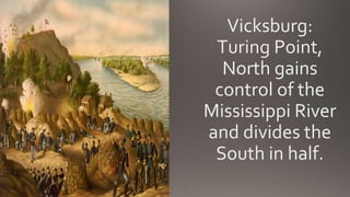 Vicksburg:
Turing Point,
North gains
control of the
Mississippi River
and divides the
South in half.
 