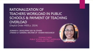 SUSANA P. NERA
PUBLIC SCHOOL DISTRICT SUPERVISOR
ATIMONAN 1 DISTRICT
RATIONALIZATION OF
TEACHERS WORKLOAD IN PUBLIC
SCHOOLS & PAYMENT OF TEACHING
OVERLOAD
(DepEd Order #005,s. 2024)
DOMAIN 4- DEVELOPING SELF & OTHERS
STRAND 4.7-GENERAL WELFARE OF HUMAN RESOURCES
 