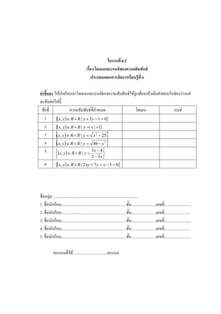 ใบงานที่ 6/2
                                            เรื่อง โดเมนและเรนจ์ ของความสั มพันธ์
                                                ประกอบแผนการจัดการเรียนรู้ ที่ 6

คาชี้แจง ให้นกเรี ยนหาโดเมนและเรนจ์ของความสัมพันธ์ให้ถูกต้องแล้วเติมคาตอบในช่องว่างแต่
               ั
ละข้อต่อไปนี้
 ข้อที่             ความสัมพันธ์ที่กาหนด              โดเมน                เรนจ์
   1 x, y   R  R | x  3 y  1  0
   2 x, y   R  R | y | x | 1
   3      x, y R  R | y  x 2  25
   4      x, y R  R | y  49  x 2 
   5      
          x, y   R  R | y 
                                 3x  4 
                                        
                                                2  5x 
    6         x, y   R  R | 2xy  7 y  x  3  0




ชื่อกลุ่ม .......................................................................................
1. ชื่อนักเรี ยน..................................................................ชั้น.........................เลขที่...........................
2. ชื่อนักเรี ยน..................................................................ชั้น.........................เลขที่...........................
3. ชื่อนักเรี ยน..................................................................ชั้น.........................เลขที่...........................
4. ชื่อนักเรี ยน..................................................................ชั้น.........................เลขที่...........................
5. ชื่อนักเรี ยน..................................................................ชั้น.........................เลขที่...........................

            คะแนนที่ได้...................................คะแนน
 